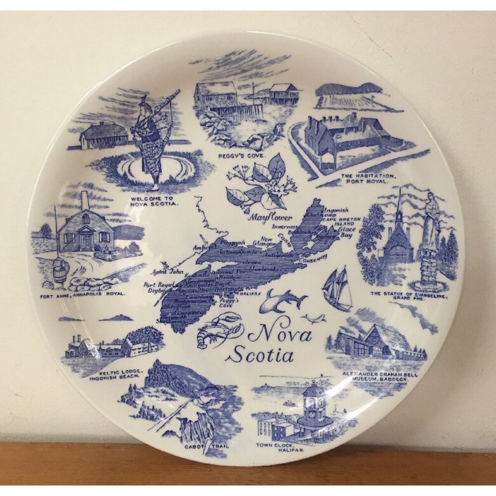 Vtg Wood & Sons Blue White Nova Scotia Historic Landmarks Map Collectors Plate